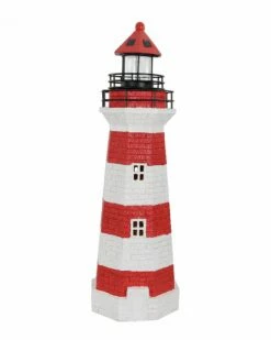 Promo ⭐ Sunnydaze Red Striped Solar LED Nautical Lighthouse Outdoor Light Decor Home Outdoor Lighting 🔔