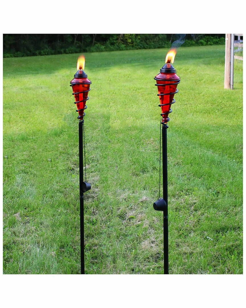 Cheapest ✔️ Sunnydaze 2-in-1 Swirling Metal Glass Outdoor Lawn Torch Set Home Seating ⌛