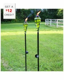 Cheap 🔔 Sunnydaze 2-in-1 Swirling Metal Glass Outdoor Lawn Torch Set Home Seating ⭐