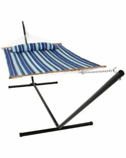 Cheap 🌟 Sunnydaze Quilted Spreader Bar Hammock Bed With 15' Stand Home Seating 👍