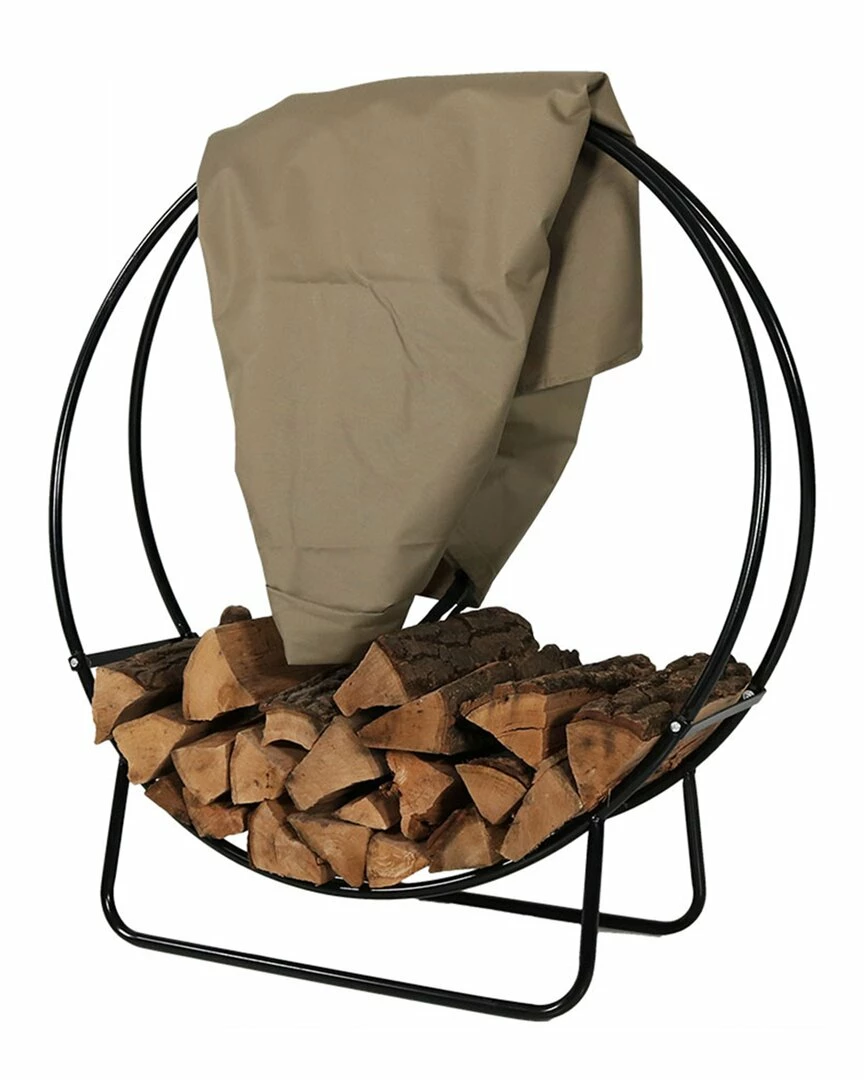 Deals ❤️ Sunnydaze Firewood Log Hoop Holder With Khaki Cover Outdoor Black Steel Home Outdoor Tables 🎉