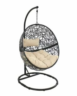 Deals ✨ Sunnydaze Beige Jackson Hanging Basket Egg Chair Swing With Stand Home Hammocks & Swing Chairs ⌛