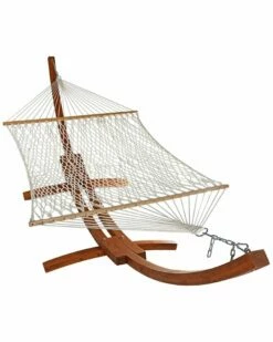New 🌟 Sunnydaze Rope Hammock W/ Spreader Bars & 13' Curved Wood Stand-400-lb. Capacity Home Hammocks & Swing Chairs 💯