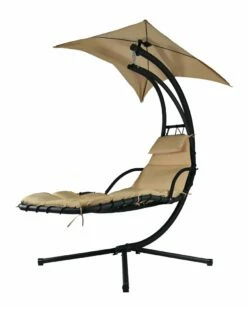 Best Sale 👏 Sunnydaze Beige Hanging Floating Chaise Lounger Swing Chair With Umbrella Home Hammocks & Swing Chairs 🧨