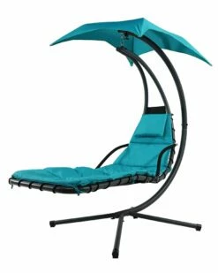 New ✔️ Sunnydaze Teal Hanging Floating Chaise Lounger Swing Chair With Umbrella Home Hammocks & Swing Chairs 😀