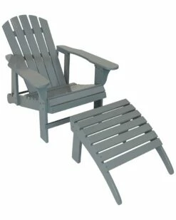 Hot Sale 💯 Sunnydaze Wooden Outdoor Adirondack Chair W/ Adjustable Backrest & Ottoman- Gray Home Outdoor Tables ⌛
