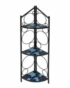 New 👍 Sunnydaze 3-Tier Folding Mosaic Plant Stand Corner Flower Pot Shelf Home Seating ✔️