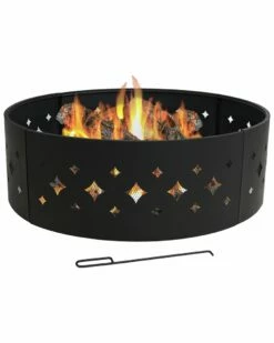 New 🔥 Sunnydaze 36in Wood-Burning Fire Ring Steel With Diamond Cut Out Design And Poker Home Fire Pits 🔔