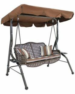 Best Pirce 👏 Sunnydaze 2-Seater Rattan Patio Swing With Striped Pillows And Cushion Home Seating 🎉