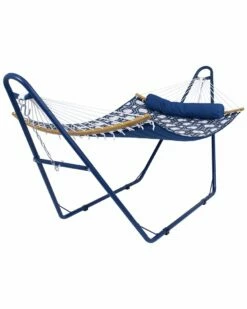 Discount 🔔 Sunnydaze Curved Spreader Bar Hammock With Blue Steel Stand Home Seating 💯